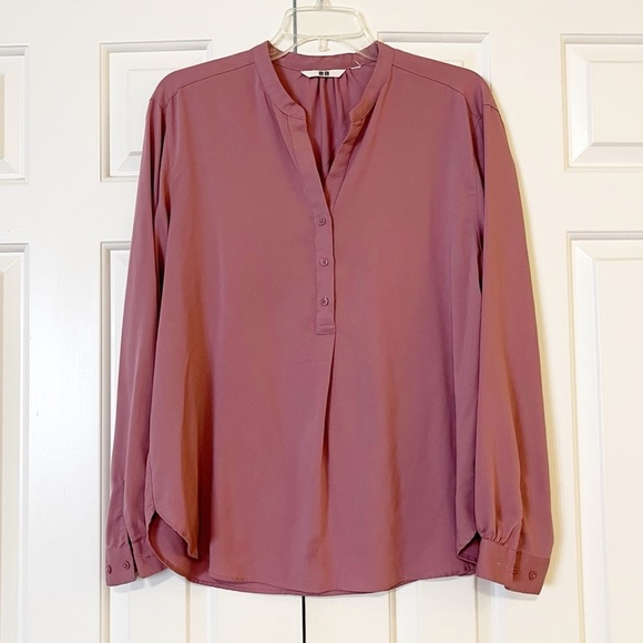Uniqlo Purple Mauve Long Sleeve Button Front Collarless Rayon Blend Blouse. L - Picture 1 of 9
